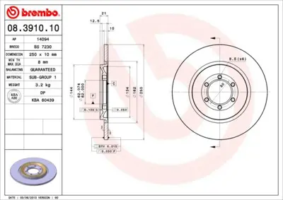 BREMBO 08.3910.10 Fren Dıskı Arka Standard Alfa Romeo 60526121 6017074 370139 DF1707 161502621501 561128JC 230011 410166 BS7230 5815201007