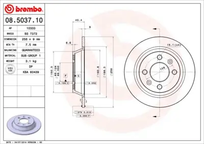 BREMBO 08.5037.10 Fren Dıskı Arka Standard Saab 98200048501 8970717 4801543 1430654 561417B NBD299 409130 230669 DDF355 480154350