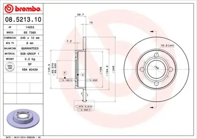 BREMBO 08.5213.10 Fren Dıskı Arka Standard Audı 8A0615601 853615601 8AO615601 A1141P 204748 BD3636 78BD36362 986478216 BG2517 6015364