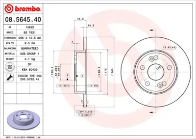 BREMBO 08.5645.40 Fren Dıskı Arka Standard Renault 7701205846 D1555 6010284 561597J DF1028 623901 8564540 203934 92065300 24011101441