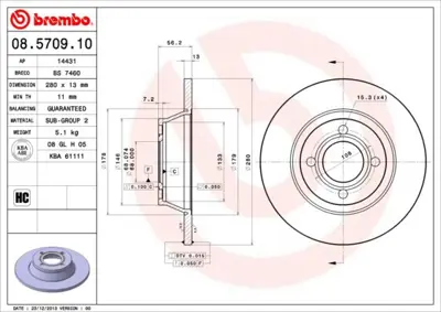 BREMBO 08.5709.10 On Fren Dıskı Audı 8A0615301D 812029117C 8A0615301 NBD505 DDF5181 A1391P 24011301791 BG2783 8AO615301D DDF518