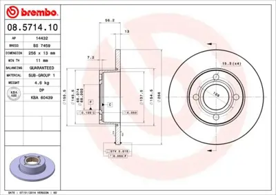 BREMBO 08.5714.10 Fren Dıskı On Standard Audı 895615301 BN0495E 561690JC 617300 10305468 100121800 8571414 314737 100121872 BAR13166
