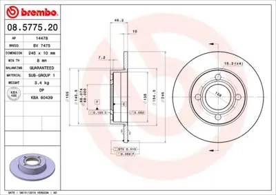 BREMBO 08.5775.20 Fren Dıskı Arka Standard Audı 443615601 443615601A 812029123C 6015264 DDF128C 186114 BG2343 297114 986478019 24011001781