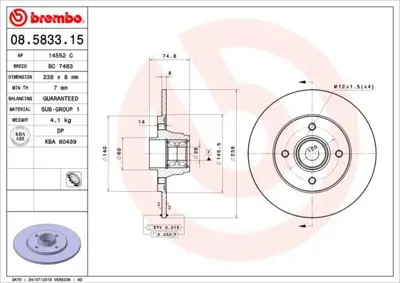 BREMBO 08.5833.15 Fren Dıskı Arka Wıth Bearıng Kıt Renault BS5370 R1391P DF2709S 7700805148 561868JC 561868J 8583324 986478866 DF747A 8583310