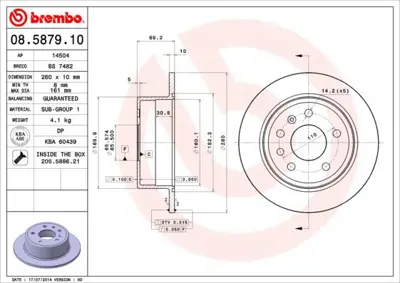 BREMBO 08.5879.10 Fren Dıskı Arka Standard Opel 430147600 4241477 90509590 24011002491 BD9105 8587910 DF2688 24111002491 569105 BG2879
