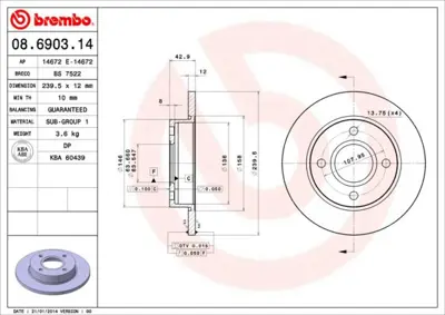 BREMBO 08.6903.14 Fren Dıskı On Standard Ford 1112542 J3303066 BG3055 96FX1125A1B 5280 1018348 10518 15825 BDC4577 8690375