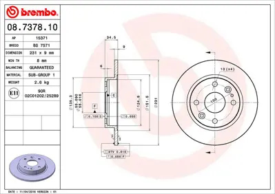BREMBO 08.7378.10 Fren Dıskı Arka Standard Mazda NA0126251A DDF525 6103312 ADM54339 DP312C 61312 24010901271 61312C 15371 DF106