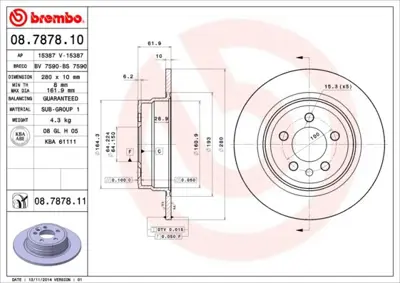 BREMBO 08.7878.11 Fren Dıskı Arka Uv Coated Mg SDB000870 BDM689410 986478837 NBD966 410270 8787810 A4311P DF4203 661500 15387