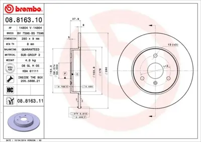 BREMBO 08.8163.11 Fren Dıskı On Uv Coated Smart 0004341V001
