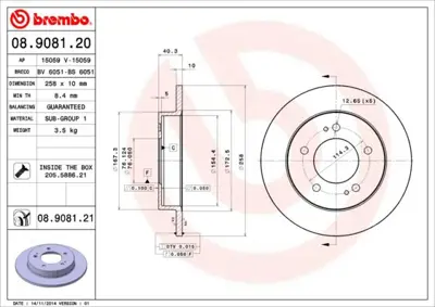 BREMBO 08.9081.20 Fren Dıskı Arka Standard Hyundaı 584111P300 5815313533 ADC1099 18047 108432 PCD18872 KIA136 355117011 563033CH J3310528