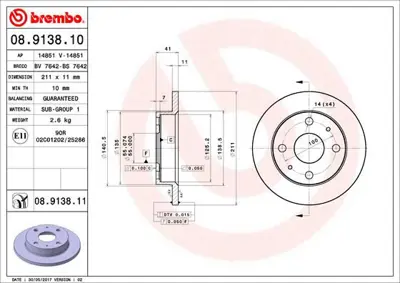 BREMBO 08.9138.10 Fren Dıskı On Standard Daıhatsu 4351297204000 24011101591 8DD355107291 6110214 986AB9888 28322 T2899P 683000 562531JC1 J3306025