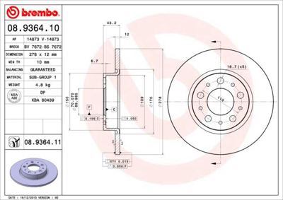 BREMBO 08.9364.11 Fren Dıskı Arka Uv Coated Alfa Romeo 51760273 46843610 17623OE 8936410 305232 HP58342 51767377 BDC5611 RT1660GLT6 RT1660GLT9