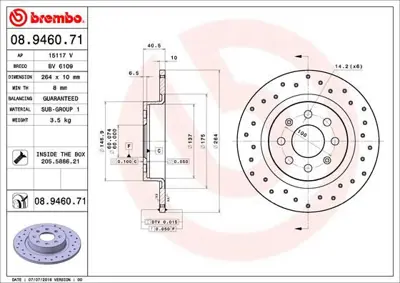 BREMBO 08.9460.71 Fren Dıskı Arka Uv Coated Fıat 50902167 92145903 1815202351 1153954 230857 BD1371 93167282 5053 312351 95526494