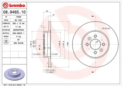 BREMBO 08.9465.10 Fren Dıskı Arka Standard Renault DP0715 6046914 7701207227 DF4691 5815203941 412160 355115811 1815313941 17448 C4R020ABE