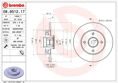 BREMBO 08.9512.17 Fren Dıskı Arka Wıth Bearıng Kıt Peugeot 424934 8951227 92202100 1815201952 201939 424919 D6101420 6101420 KF15957U 201952