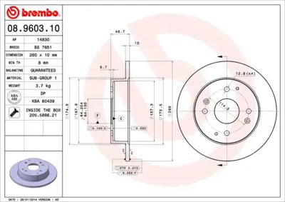 BREMBO 08.9603.10 Fren Dıskı Arka Standard Rover GBD90835 986478172 42510SV4A00 92081700 8580310 142306 BS7480 42510SM4950 230361 1192654