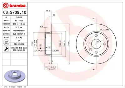 BREMBO 08.9739.10 Fren Dıskı Arka Standard Opel 569112 O1013PR 24011002681 9196592 DDF1283 92111000 6155236028 23553 986478731 92111003
