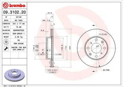 BREMBO 09.3102.20 Fren Dıskı On Standard Rover 24011701011 1191225 45251SB2940 RT2037GLT3 142915 J3304013 34149 D2318 BS3680C 2802085