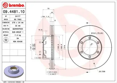 BREMBO 09.4481.10 Fren Dıskı On Standard Renault 142554 5000388057 DF1012 627710 186210 561254J 800116 DSK727 DF29116 9448110