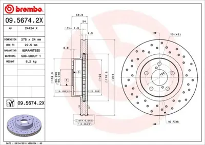 BREMBO 09.5674.2X Fren Dıskı On Xtra Toyota 26300AE071 NBD541 92094600 26300AE050 26310AA092 988479147 26300AE070 DDF679 S4211V 26310AA091