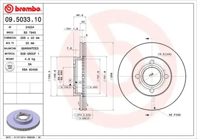 BREMBO 09.5033.10 Fren Dıskı On Standard Audı 443615301B BSF3317 DF2861 DI950111 1001204 431615301A 986478018 15707 D2039 DRF193
