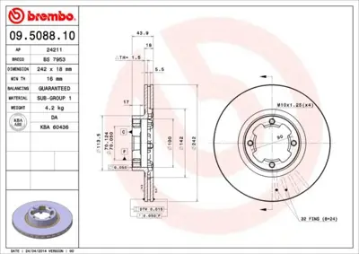 BREMBO 09.5088.10 Fren Dıskı On Standard Subaru 478287D DI703 BG2447 24011801041 418104 25431GA171 BS7140 5563 ADS74305 DSK209