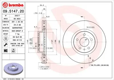 BREMBO 09.5147.20 Fren Dıskı On Standard Lancıa 82476515 305457 9514720 16938OE 92069400 186634 24012601141 DSK691 BS8021 24317