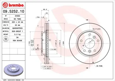 BREMBO 09.5252.10 Fren Dıskı On Standard Ford GJ553325XD 623710 BBD4057 BG2547 78BD32602 RAD2500C BD0291 BS2370 YS8Z1V125DA 3727217
