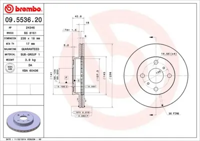 BREMBO 09.5536.20 Fren Dıskı On Standard Toyota 4351216120 BS4415 656910 DF4007 NBD698 T2133V 9553620 24011801241 561672J 986478438