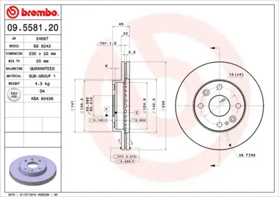 BREMBO 09.5581.20 Fren Dıskı On Standard Kıa MDX7433251 MDC1793 CBR421 92134200 60201144VKSX MFD2K08 60K08 CBR028 26KI064 70921070