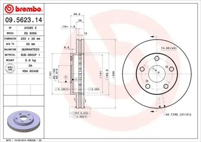 BREMBO 09.5623.14 Fren Dıskı On Standard Toyota 4351233020 111509562314 FBD557 BG3177 820152272 BS5710 986478726 BS4416B 986AB9514 BS4416