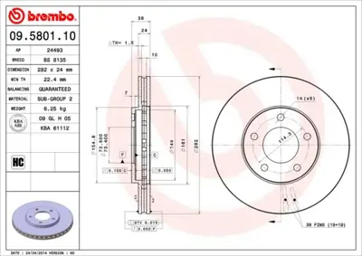 BREMBO 09.5801.10 Fren Dıskı On Standard Chrysler 4509340 9580110 4523368 D1271V BD5346 BFR112610 155390100 6026781 NBD757 319302
