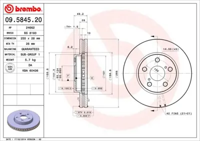 BREMBO 09.5845.20 Fren Dıskı On Standard Toyota 4351205020 92077500 142771 204544 654210 BBD5106 57686 9584520 DI281 333337V