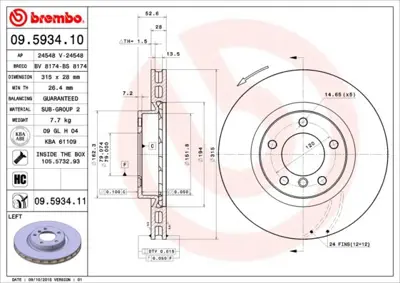 BREMBO 09.5934.11 Fren Dıskı On Sol M3 - E36 34112227171 BG3215 MDC1901 92071100 50431 24548 DF2731S 24112802042 24012802042 9593410