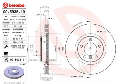 BREMBO 09.5935.11 Fren Dıskı On Sag M3 - E36 34112227172 562009J 9593510 650811 BS8175 BG3215 D650811 150129100 562010J 3155210027
