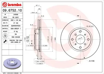 BREMBO 09.6752.10 Fren Dıskı On Standard Honda 45251ST3E60 EG3501119 45251SNVH00 5815312636 6044561 986479364 BS8530 MBD1881PD PDC1107 78BD17052