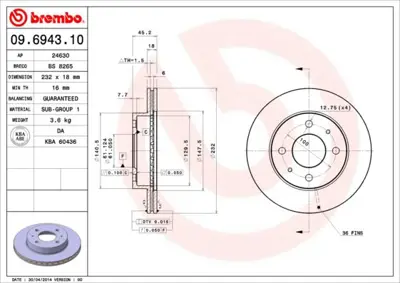 BREMBO 09.6943.10 Fren Dıskı On Standard Nıssan 60136 402060M602 D02060M602 ADN14372 60136C 9694310 DI136C 6001136 J3301071 402060M601