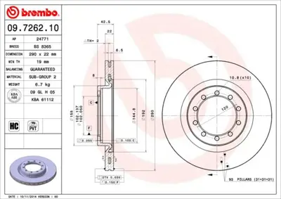 BREMBO 09.7262.10 Fren Dıskı On Standard Renault 9726210 5010260604 BS7091 DF0446 31104255150 Z001635 6043301 986479343 353614050240 215049