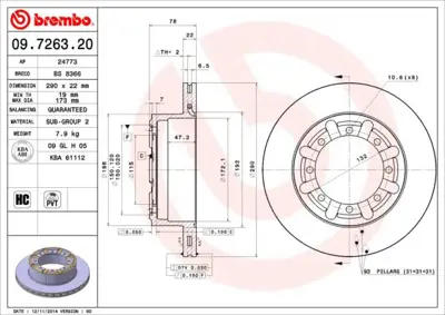 BREMBO 09.7263.20 Fren Dıskı Arka Standard Renault 5001864712 FCR184A 5010260609 470662000 RT0283GLT6 93117600 RT0283 RT0283GLT3 59176 RT0283GLT9