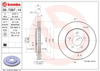 BREMBO 09.7367.14 Fren Dıskı On Standard Chrysler 4721820 MDC1973 6045081 BS8316 92108700 9736714 800473 1815209311 98200108701 HP57951