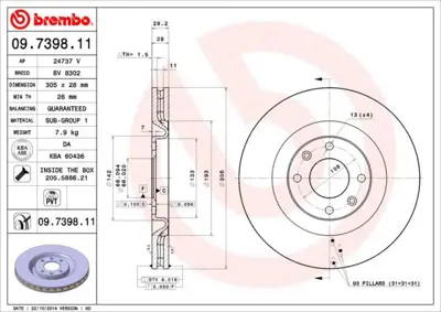 BREMBO 09.7398.11 Fren Dıskı On Uv Coated Peugeot 4249G8 986478592 92100103 DDF1065 424176 BDC4739P 4246V1 9739810 92097100 D659010