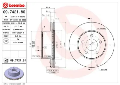 BREMBO 09.7421.81 Fren Dıskı On Uv Coated Jeep 8001051C 52008440 8952007710 BFR112710 US104331 V953 688610 5015965AA 5200500 1815209306