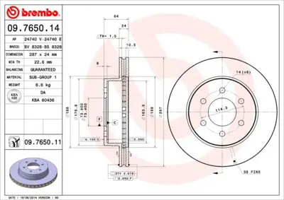 BREMBO 09.7650.11 Fren Dıskı On Uv Coated Dodge 52009208 CS121379 9765014 DI065C BS5328 60065C 5382 92333600 BFR113310 3368501