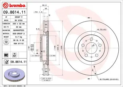 BREMBO 09.8614.11 Fren Dıskı On Uv Coated Volvo 600345C 30645222 DDF1682 563089JC1 92178103 DI0345C 9861410 DDF16821DDF1682C1 BDC5927 231221C