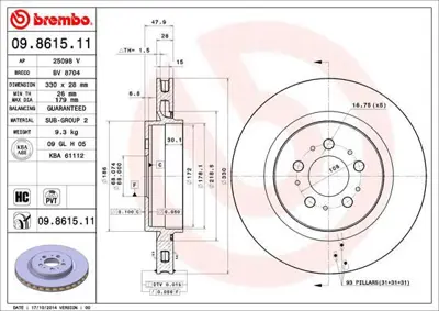 BREMBO 09.8615.11 Fren Dıskı Arka Uv Coated Volvo 30645223 DF4729 V587 MDC1940 BBD4680 BS8440 BN1308 DDF16831 BDC5648 5155230001PD