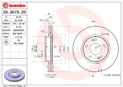 BREMBO 09.9079.20 Fren Dıskı On Standard Hyundaı 517122E300 5171239300 DDF1300 986479368 517122C000 24012601281 78BD51712 DF4283 517121F000 9957410