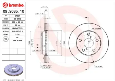 BREMBO 09.9085.10 Fren Dıskı On Standard Toyota BR9360 24821 4351217040 6281592 BS8002 BR9360C 8610416060 8610416980 WN1015 BBD4170