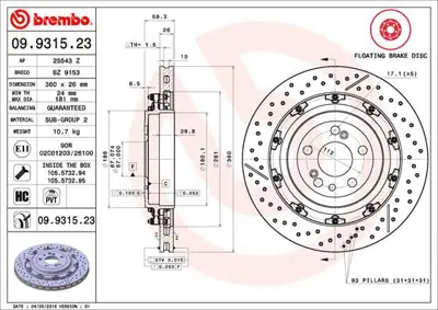 BREMBO 09.9315.23 Fren Dıskı Arka Floatıng Mercedes-Benz BS7848 A2214231112 235211 6103300 407769 2214231112 A2304231412 10926404 197745 BDC5587