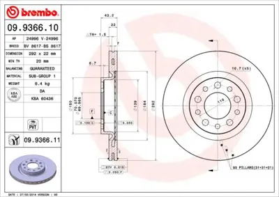 BREMBO 09.9366.11 Fren Dıskı Arka Uv Coated Alfa Romeo 51760274 V2480019 1815311025 DDF14561 8DD355112561 74943962 V2480018 PCD15092 61000205 17630