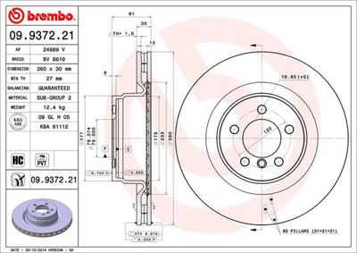 BREMBO 09.9372.21 Fren Dıskı On R.Rover Vogue Iıı 3.6 24013001971 DF6506S LR031843 9937221 43891 BG9009C WH20987 A4022V 54784 92178400